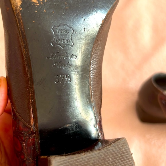 37.5 Made in Italy Leather Shoes Square Toe Low Chunky Heels Laces - Picture 10 of 12